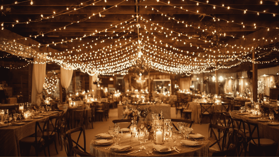 Wedding reception ceiling covered in warm glowing string lights above dining tables