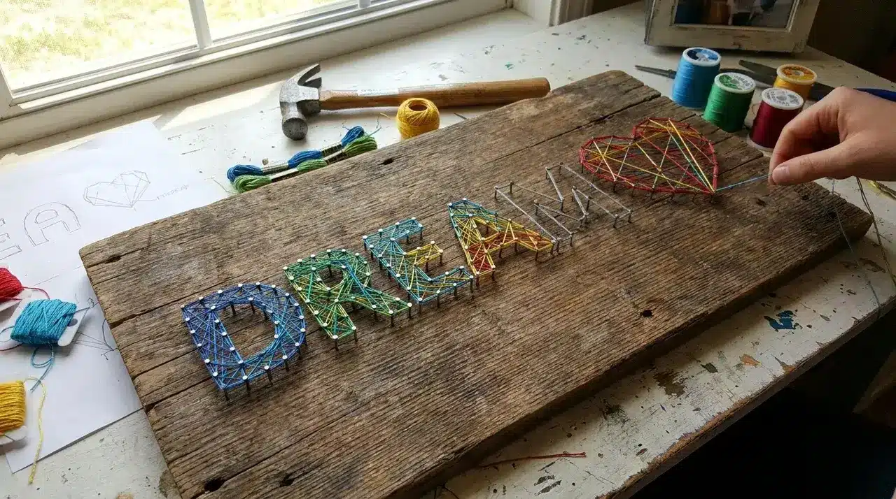 Wooden board with colorful threads forming words and shapes, hand positioning thread.