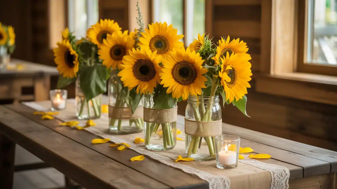 Sunflower centerpiece with simple greenery accents