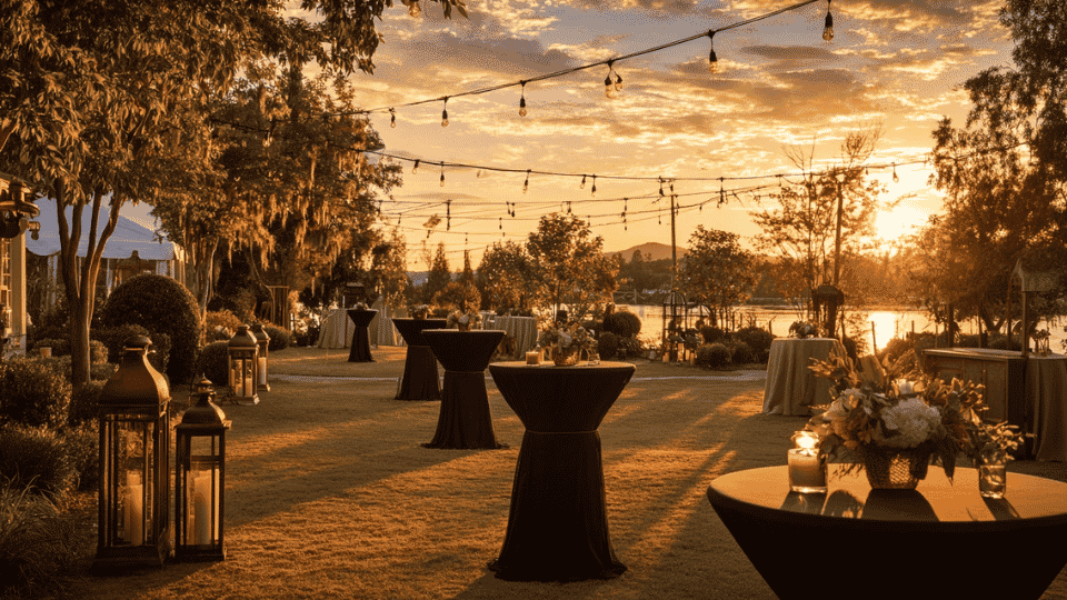 Outdoor wedding cocktail hour during sunset with drinks and glowing string lights