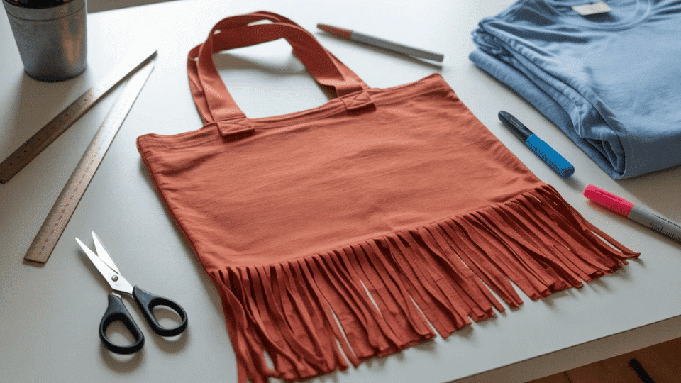 T-shirt tote bag on table with scissors, ruler, and marker.