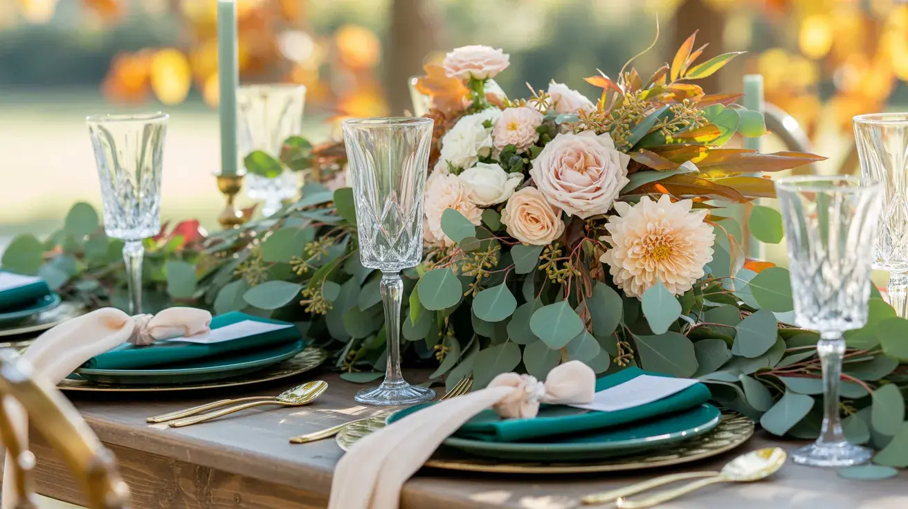 Table setting with lush greenery, blush florals, emerald accents, and crystal glassware in warm golden light