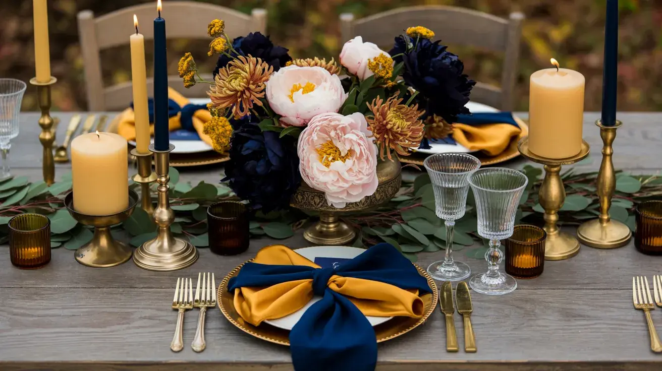 Table setting with navy and mustard linens, lush florals, gold accents, and candlelight