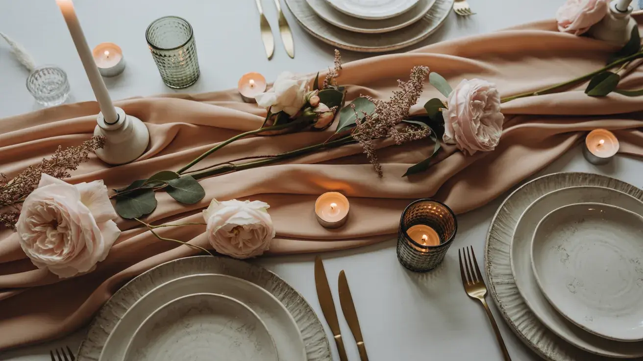 Table setting with warm gray plates, blush fabric runner, soft pink florals, and candlelight