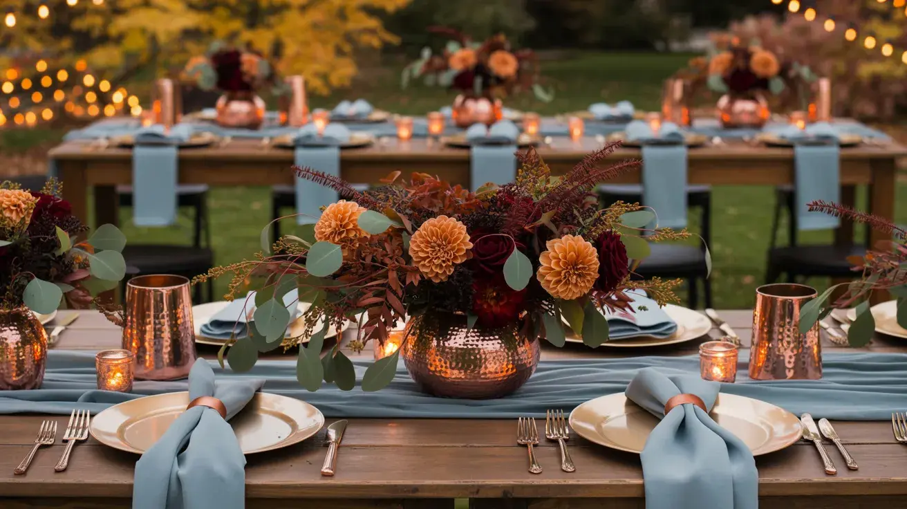 Table with copper vases, autumn florals, blue linens, and candlelight under glowing string lights