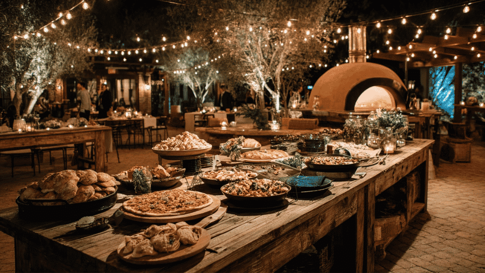 Wedding food station with gourmet tacos, pizza oven, and rustic decor