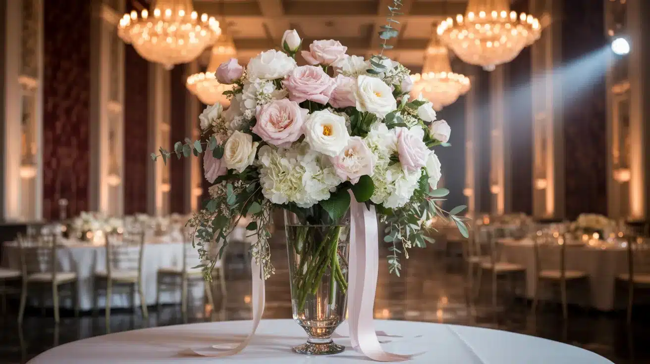 Tall floral arrangement in elegant glass vase
