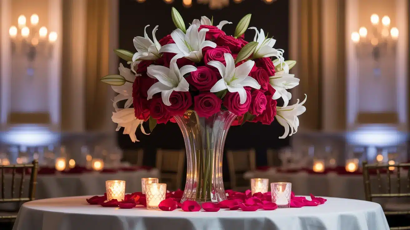 Floral arrangement in tall glass trumpet vase