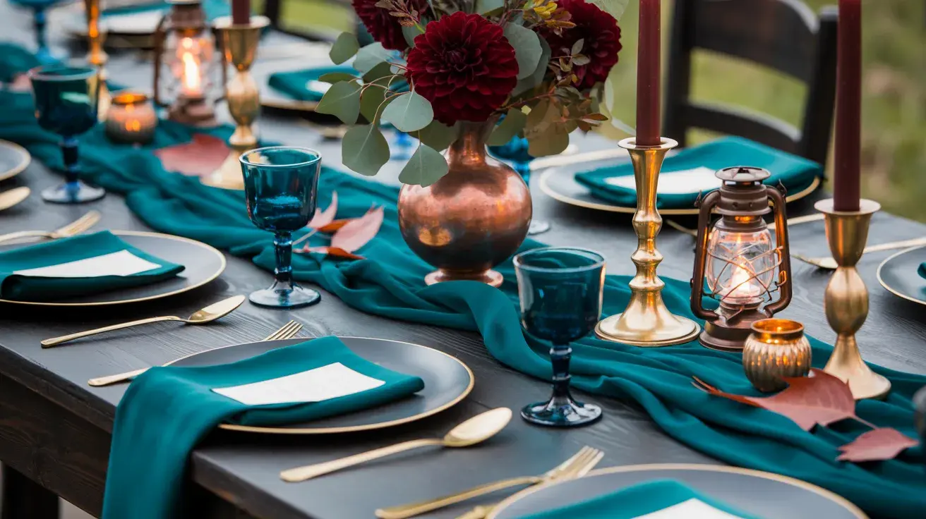 Teal and copper fall wedding table setting with burgundy flowers, candles, and gold flatware arranged on a dark wood table