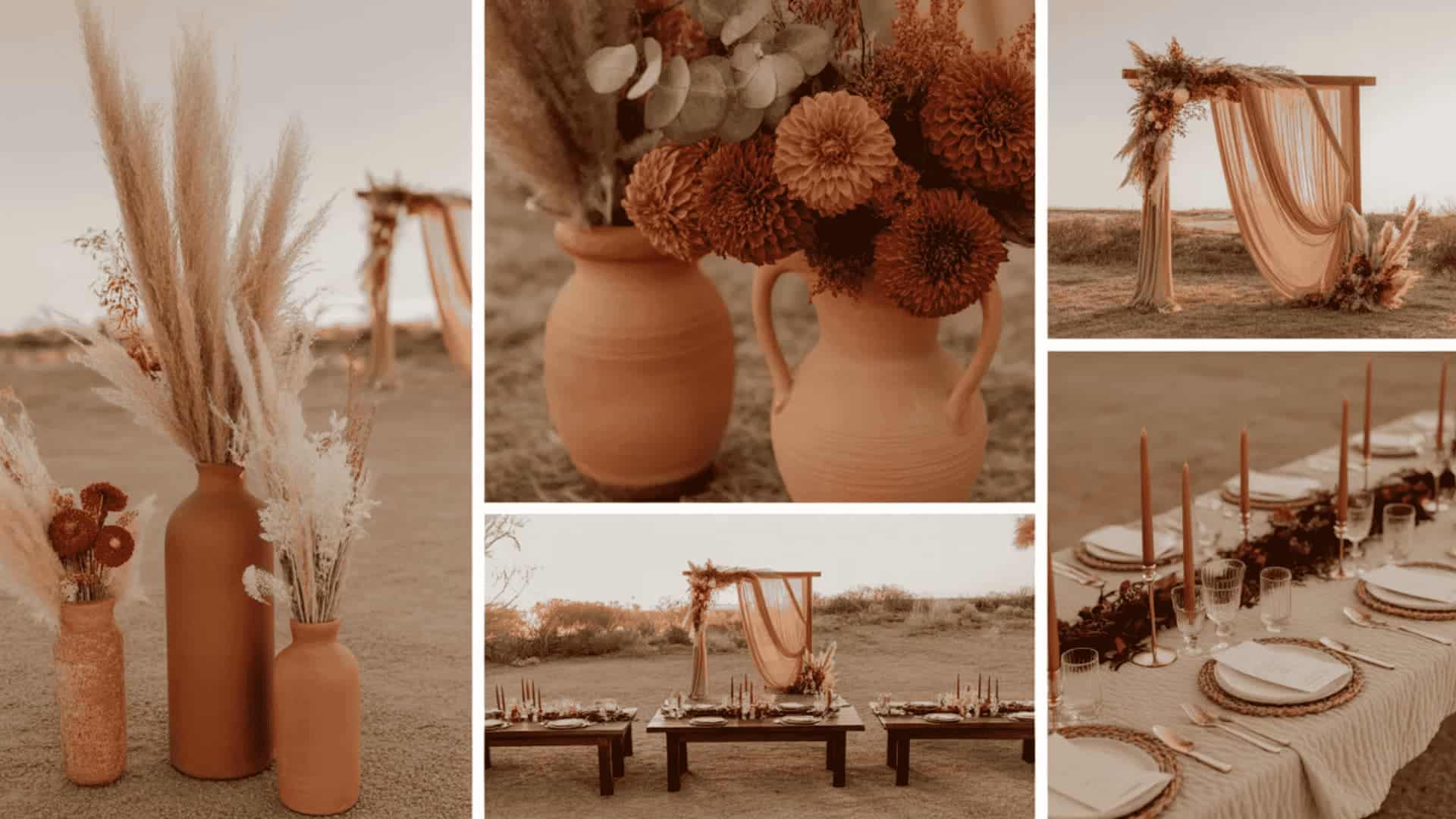 Terracotta and rust wedding decor with pampas grass and boho styling