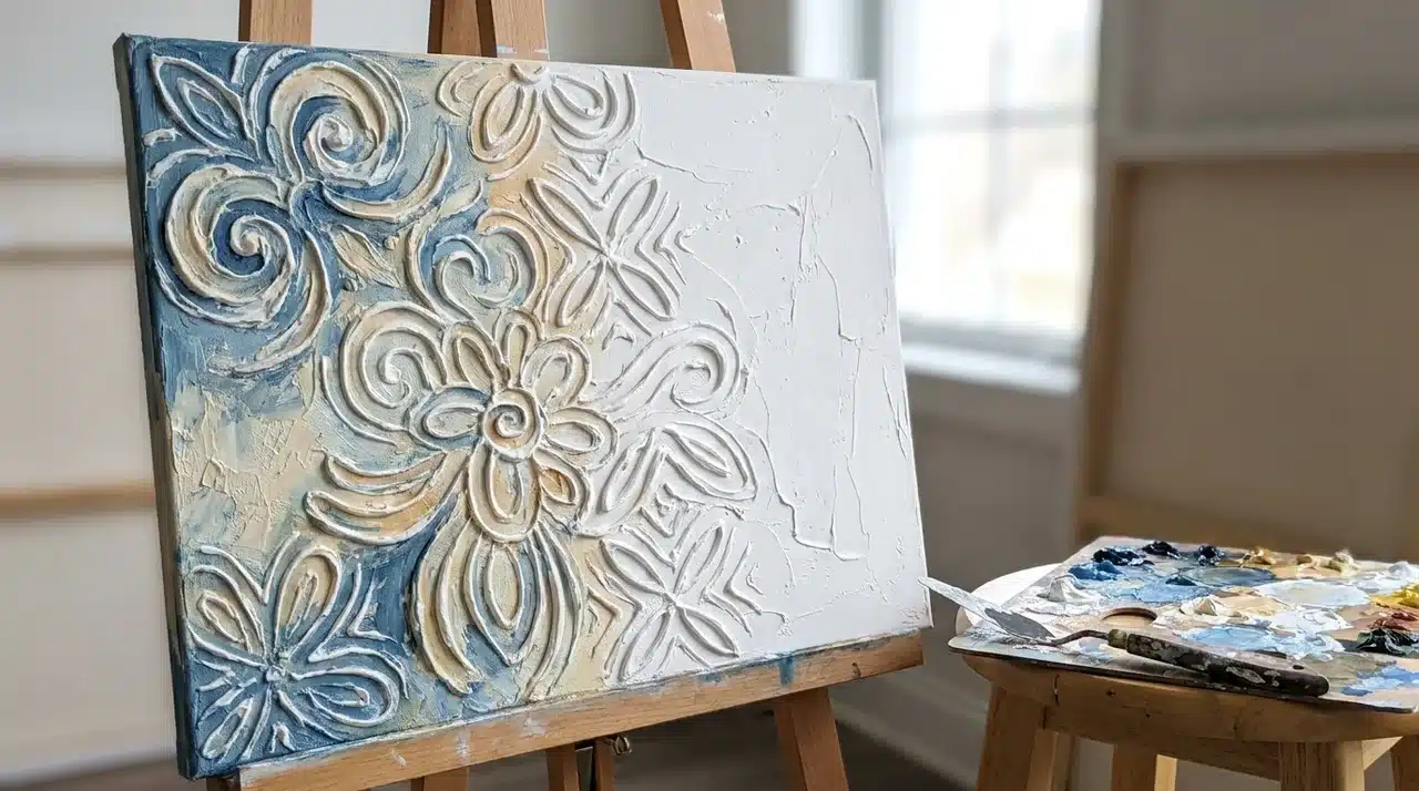 DIY textured spackle canvas painting with palette knife marks in neutral tones.