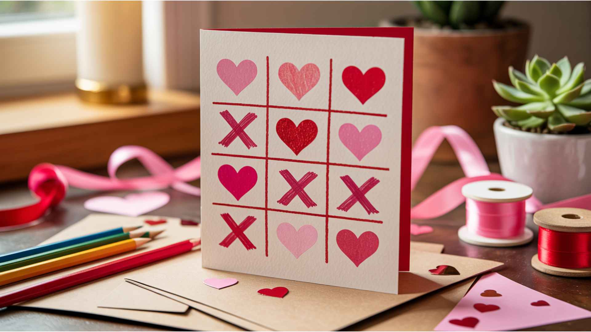 DIY Valentine’s card featuring a tic-tac-toe grid using hearts and kisses as markers.