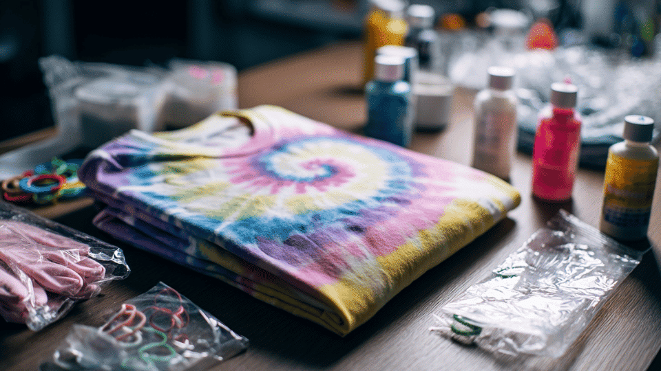 Tie-dye shirt and socks on table with dye bottles and bands.