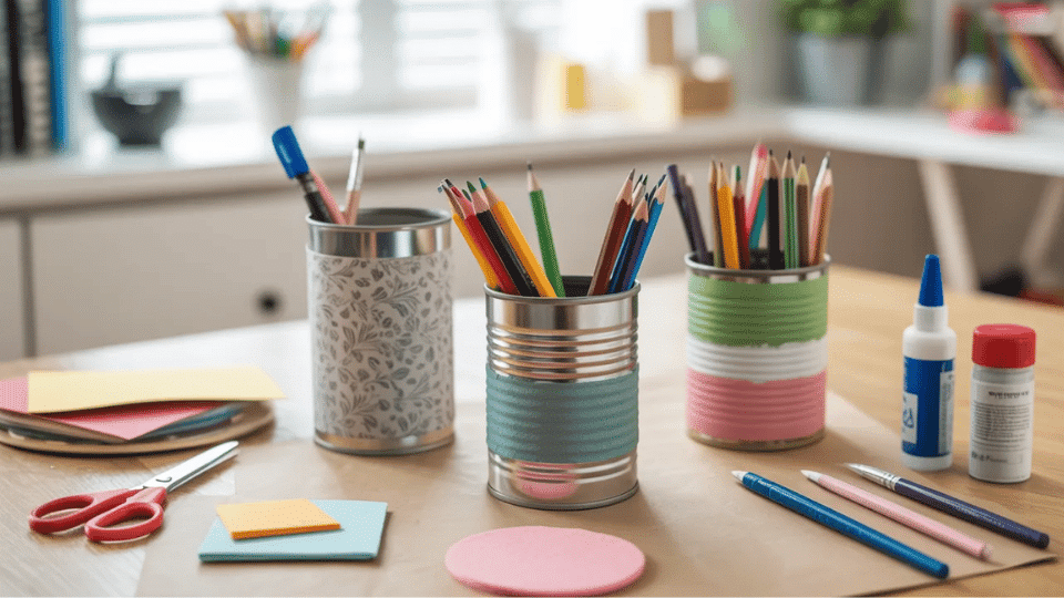 Tin can pencil holders on table with pens, glue, and scissors.