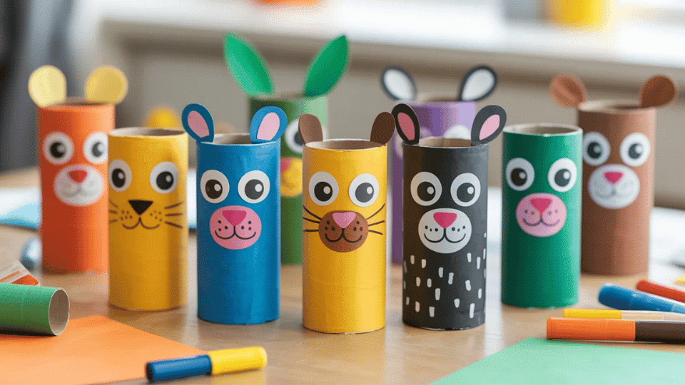 Toilet paper roll animals on table with paint, glue, and paper.