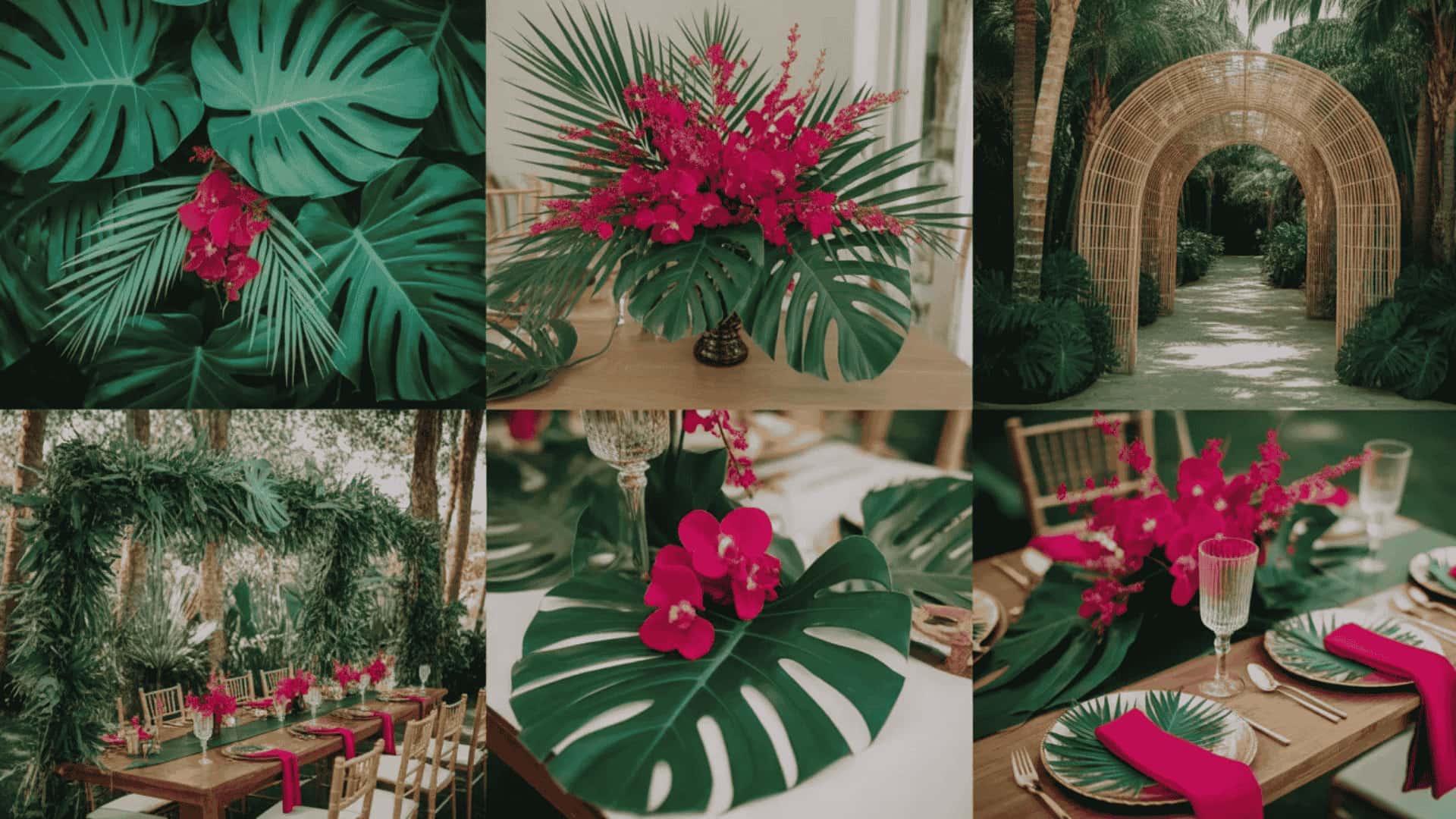 Tropical green and fuchsia wedding decor with bold florals and greenery