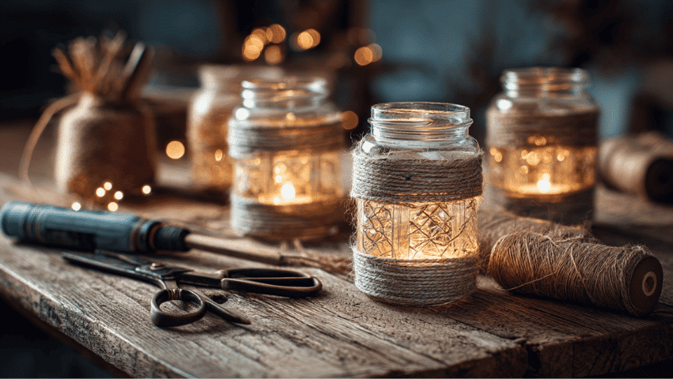 Twine-wrapped jar lanterns on table with glue gun and twine.