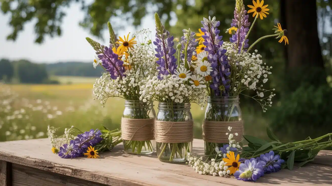 Twine-wrapped mason jars with wildflowers