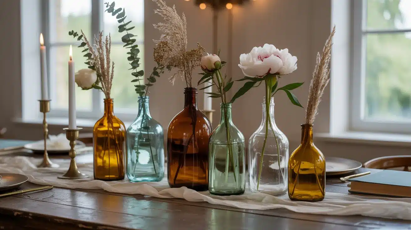 Vintage bottles with flower stem arrangements