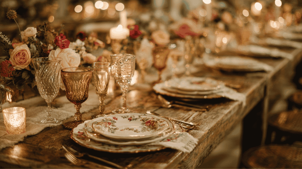 Reception table with vintage plates, glassware, candles, and romantic floral decor