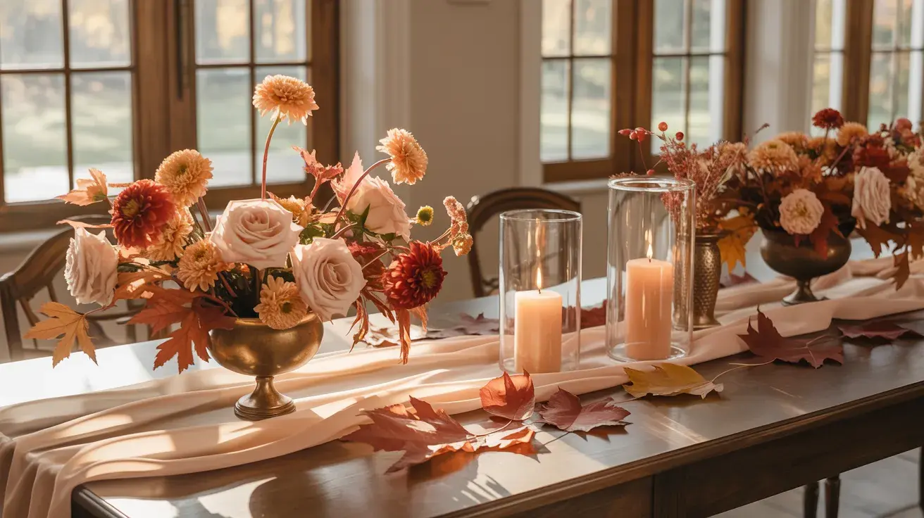 Warm indoor tablescape with autumn florals, soft peach linens, and glowing candles