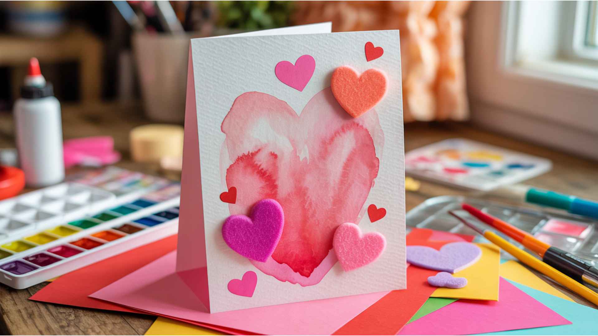Kid-friendly Valentine’s card with watercolor backgrounds layered with heart stickers and foam shapes.