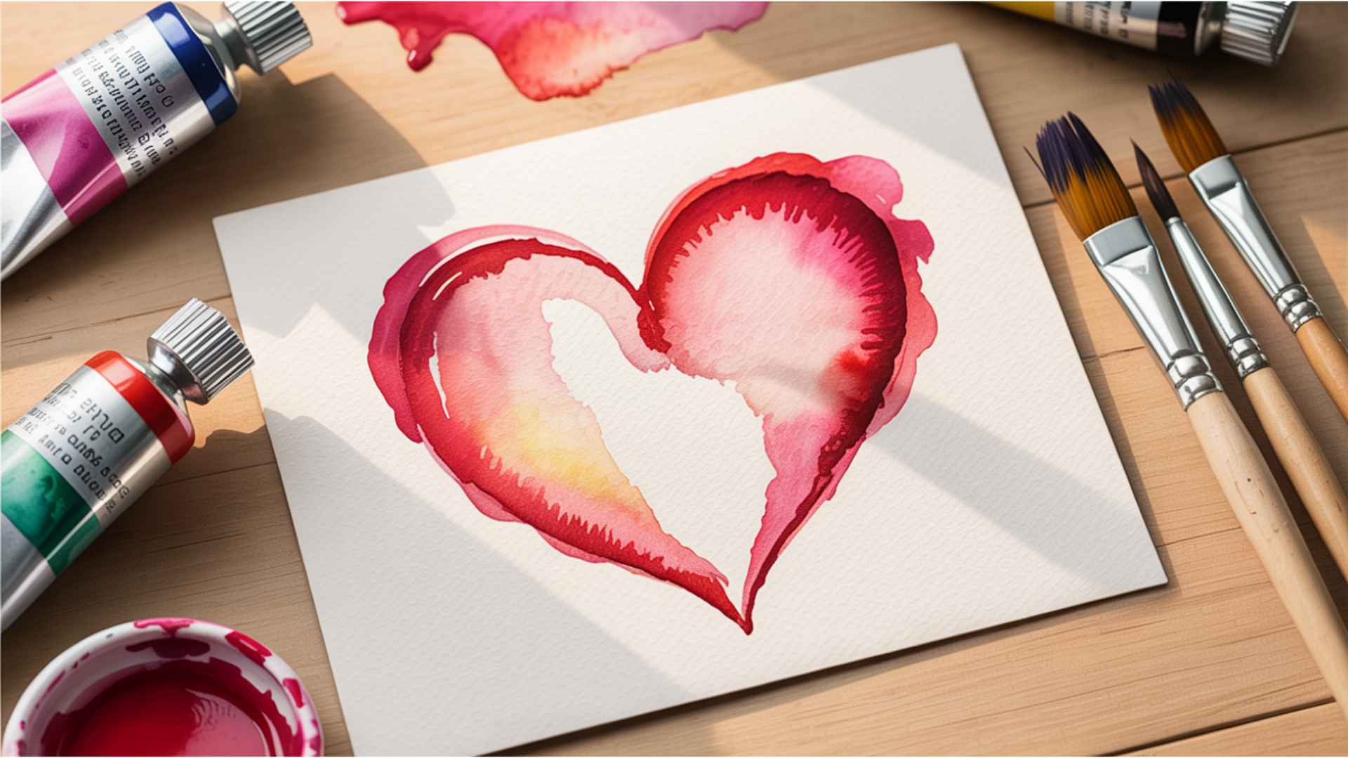 Handmade Valentine’s card with soft red and pink watercolor heart and artistic brush strokes.