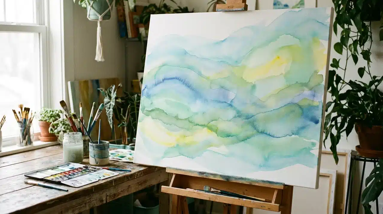 Watercolor canvas on an easel with soft blue, green, and yellow waves, brushes and palette on a table nearby.