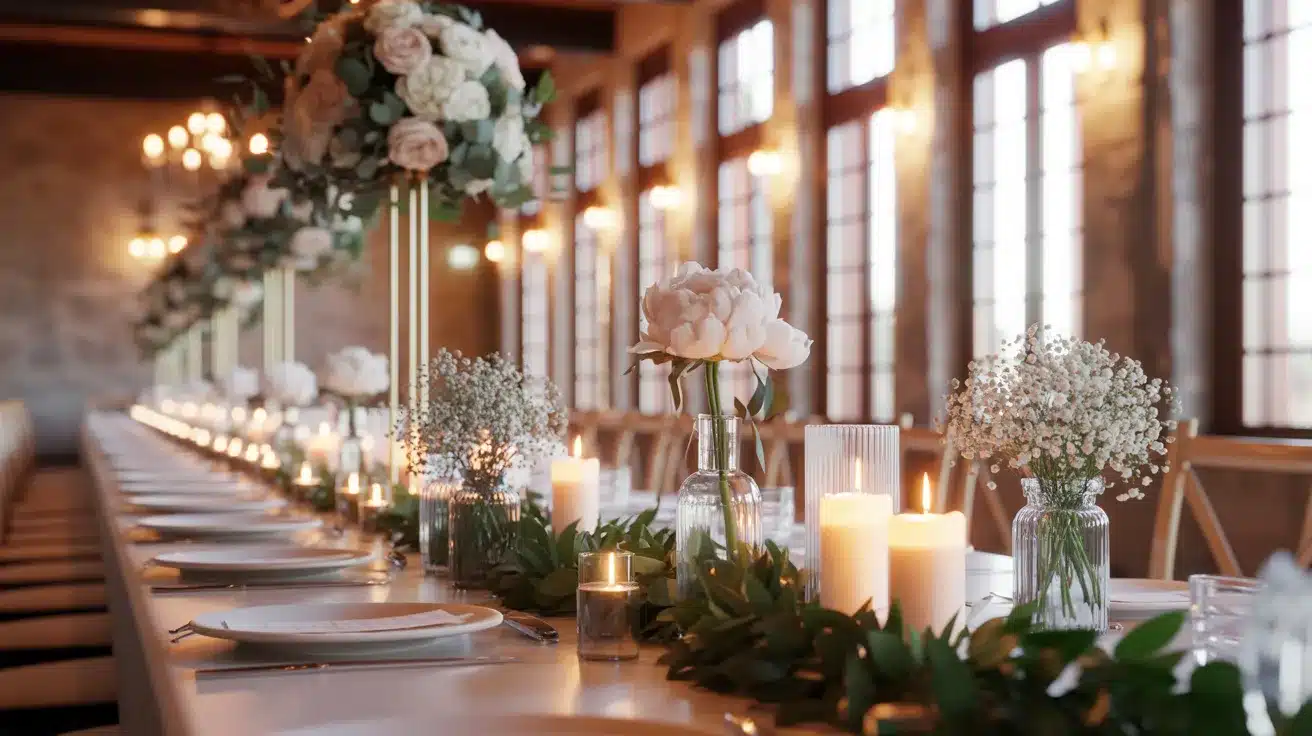 Elegant wedding reception table with greenery runner, candles, and tall floral centerpieces
