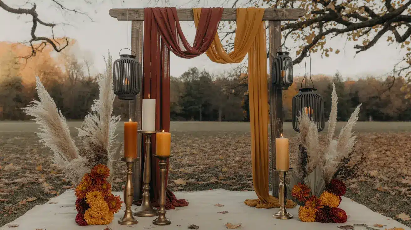 Wedding arch with mustard and rust drapery, pampas grass, candles, and autumn florals