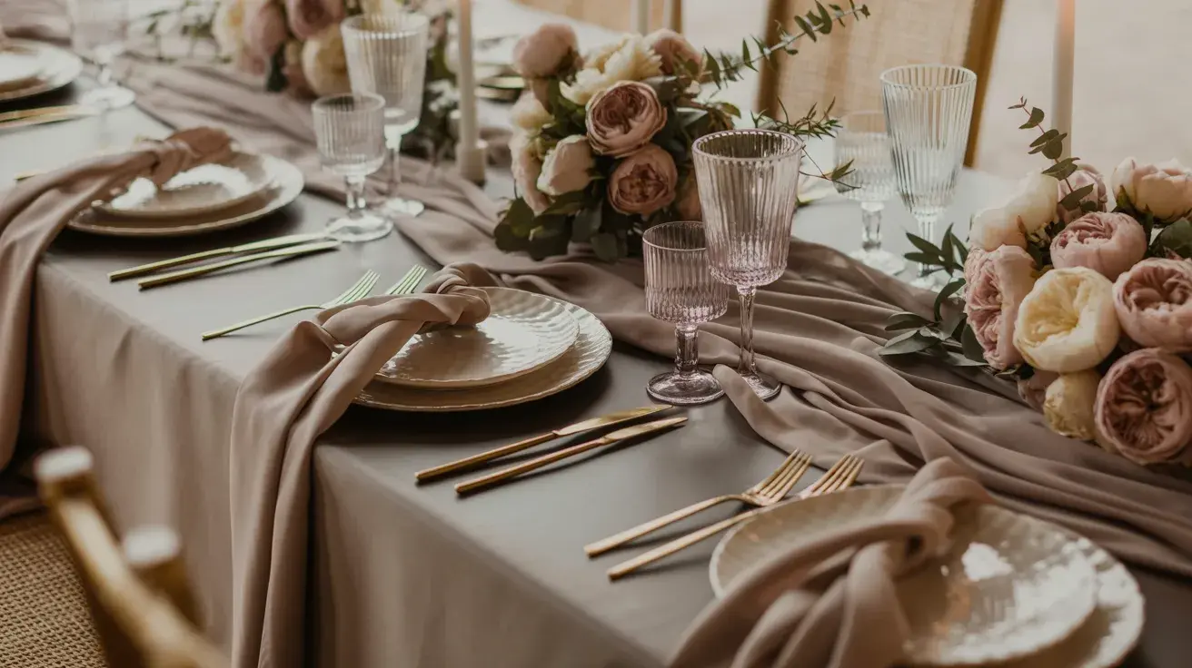 Wedding table in taupe and cream with dusty rose florals, soft draping linens, and gold flatware