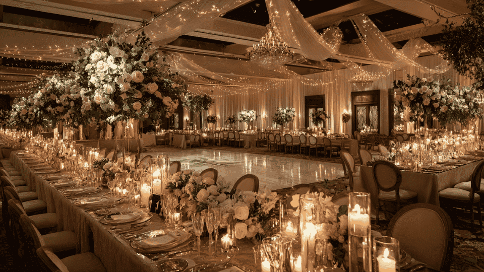 wedding reception ballroom with candlelit tables, floral centerpieces, string lights, and romantic decor