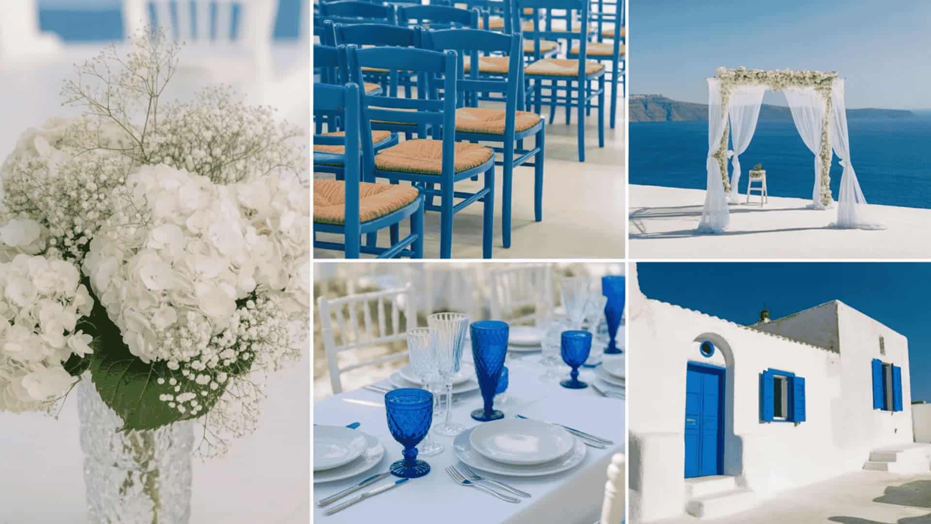 White and blue Mediterranean wedding decor with chairs, florals, and coastal views (1)