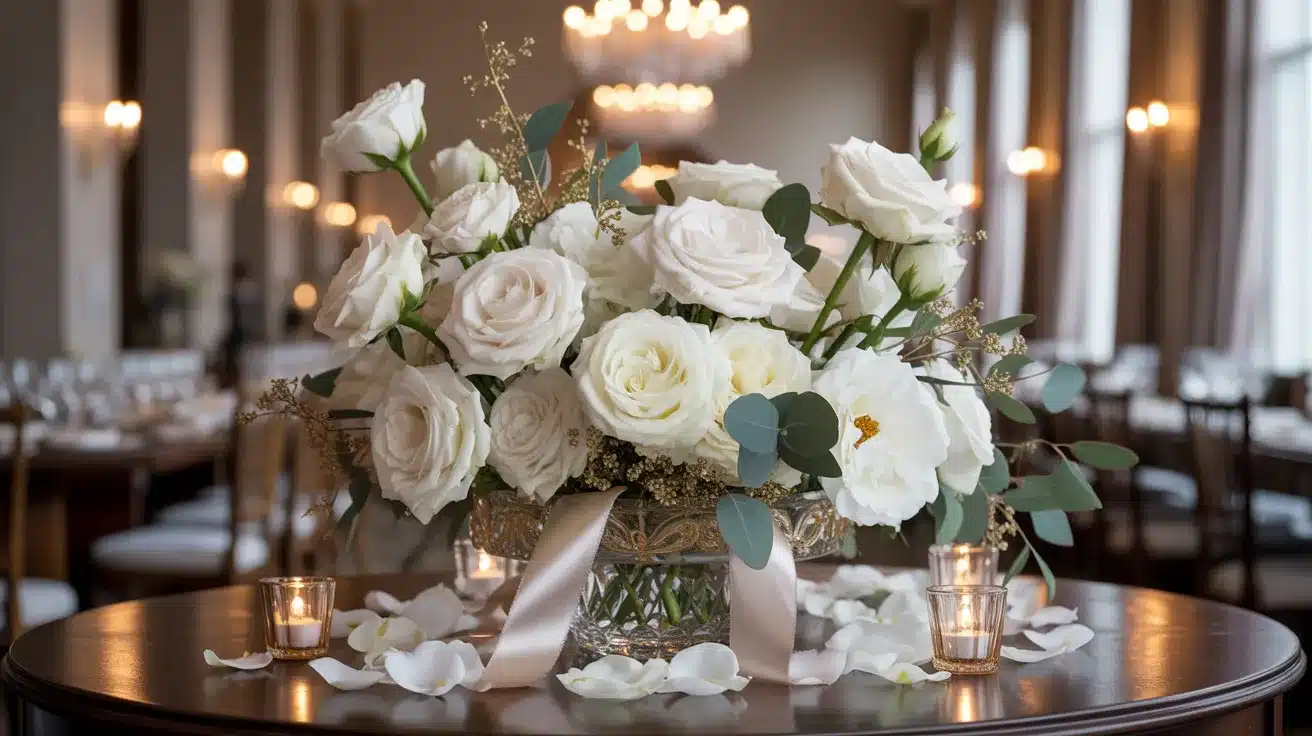 White and gold floral wedding centerpiece