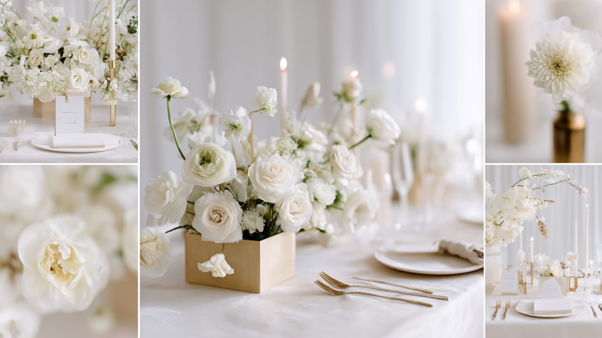 White and gold wedding collage with minimal decor and soft lighting