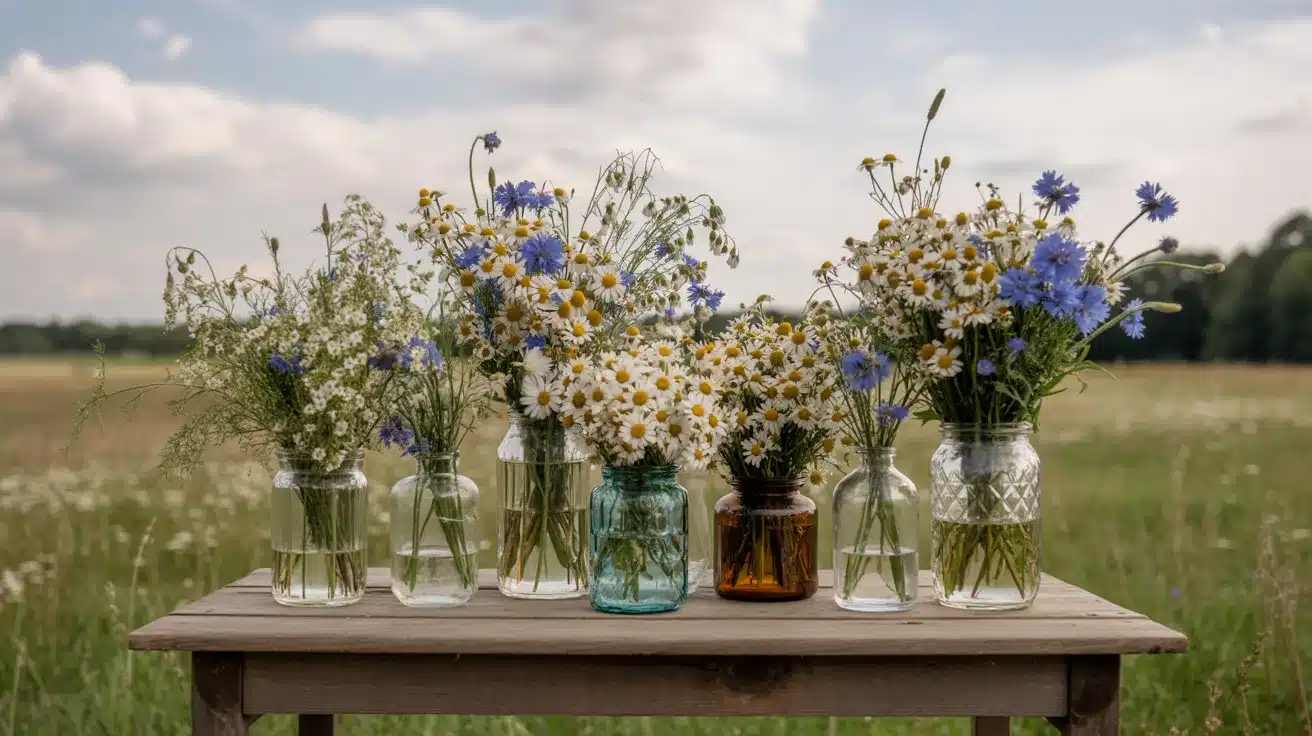 Colorful wildflower arrangement in vintage jars