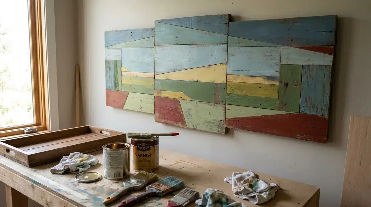 Multiple painted wooden panels arranged on a wall, creating abstract landscape pattern.