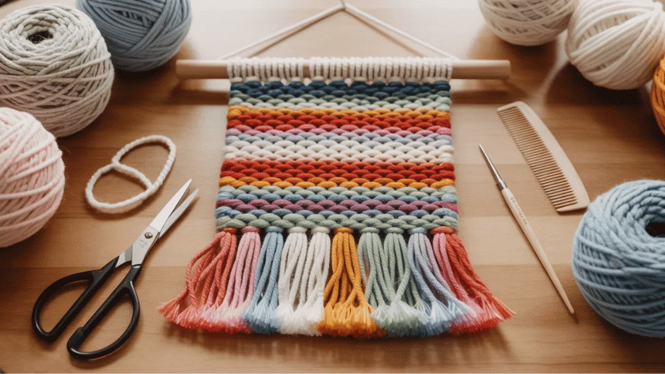 Woven yarn wall hanging on table with yarn and scissors.