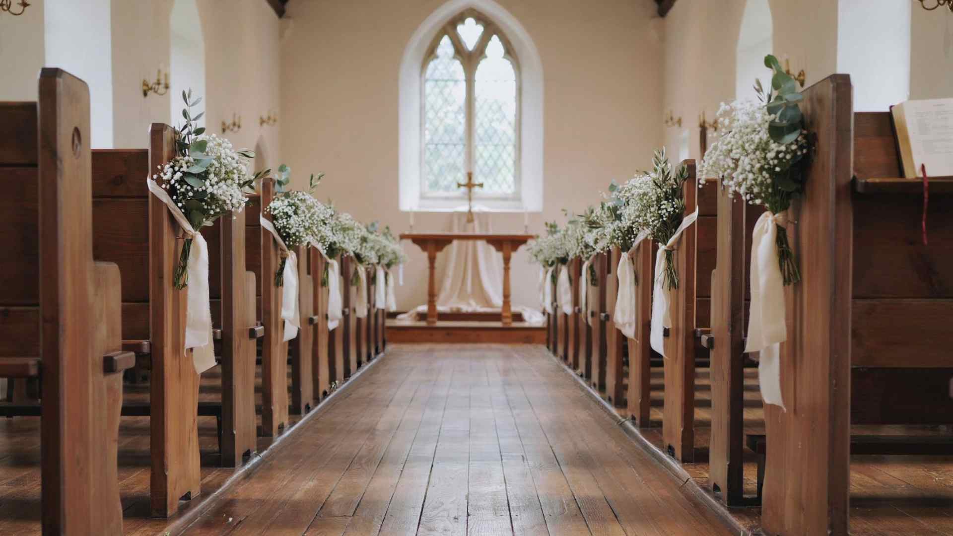 Baby’s breath bundles decorating church wedding pews