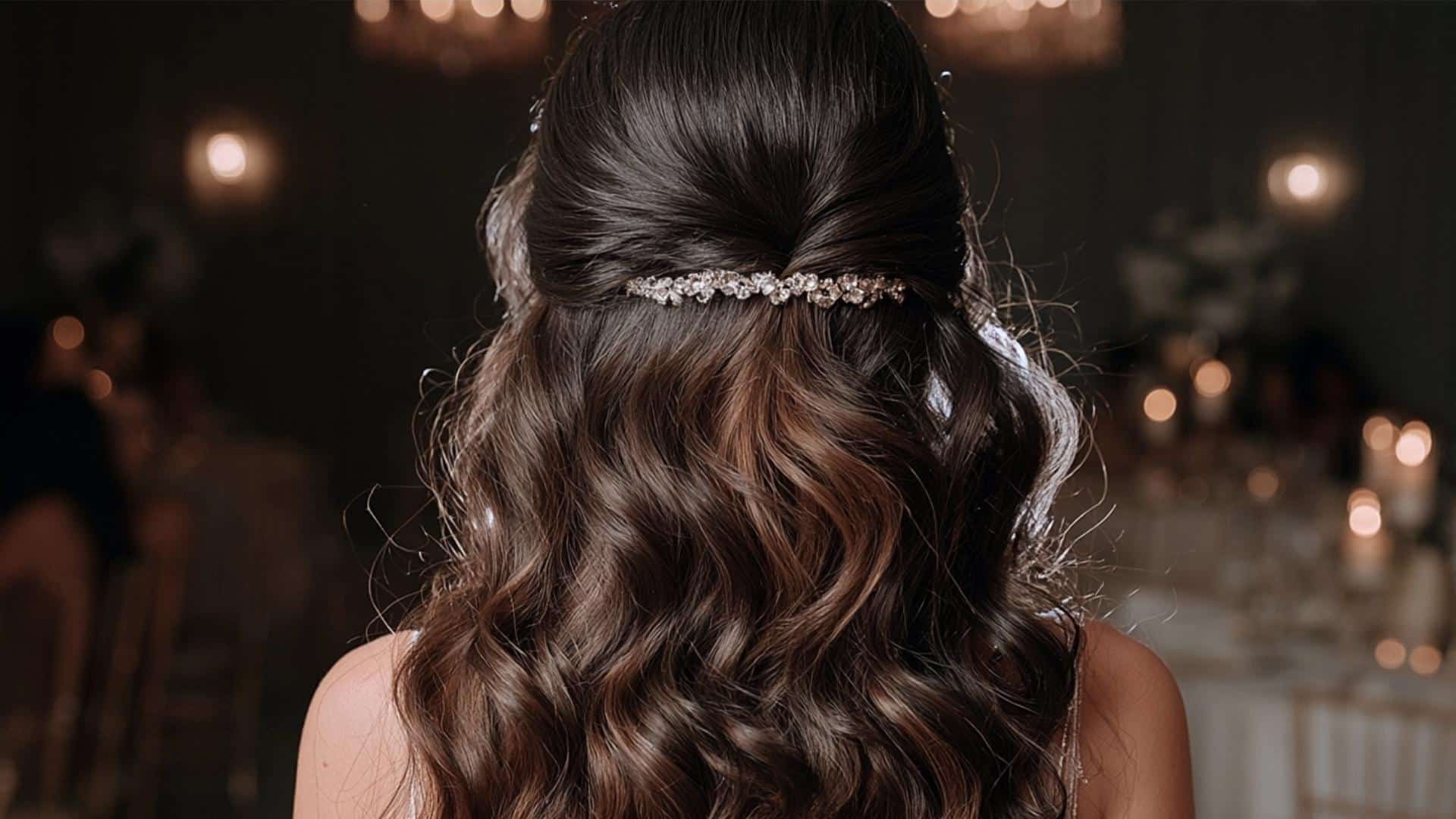 Back view of a bride with a crystal hair clip securing sleek half up waves at the crown with soft natural shine