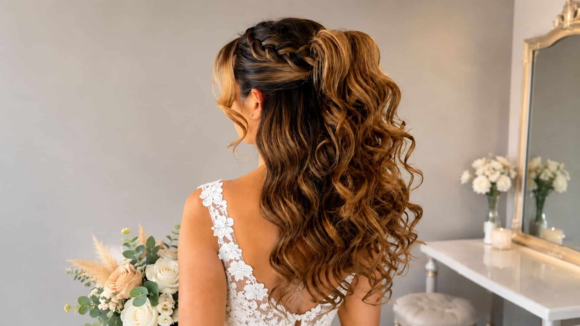 Back view of a bride with a half up half down side ponytail, braided crown, long curls, and warm brown highlights