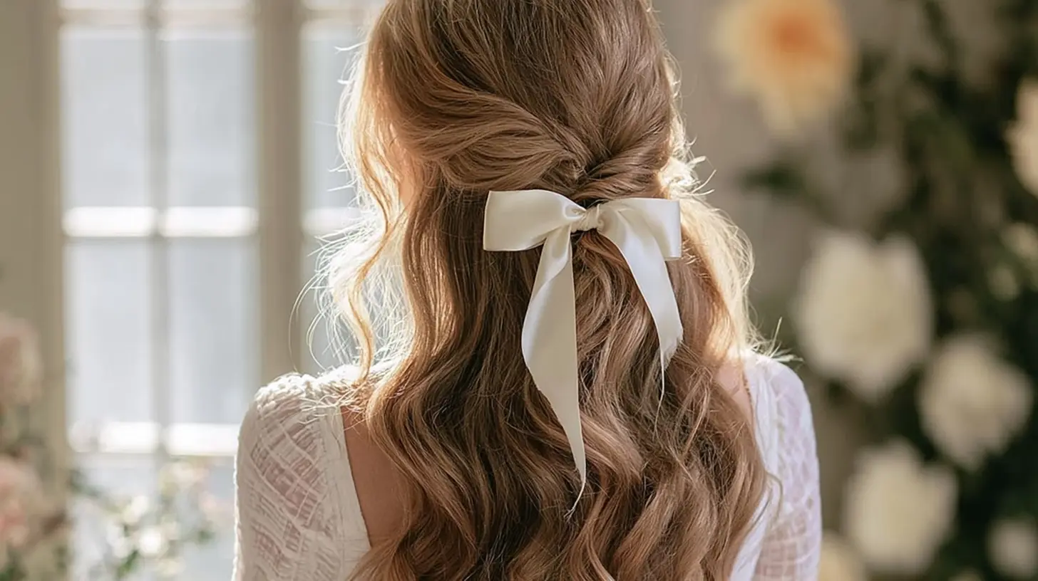 Back view of a bride with a satin ribbon tied around a half up section above soft flowing waves in window light