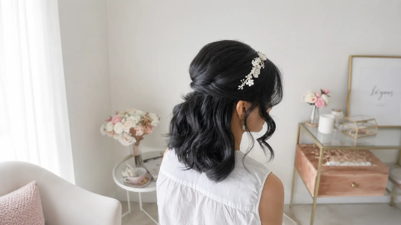Back view of a bride with blonde half up half down wedding hair decorated with soft pink flowers and delicate pearl accents