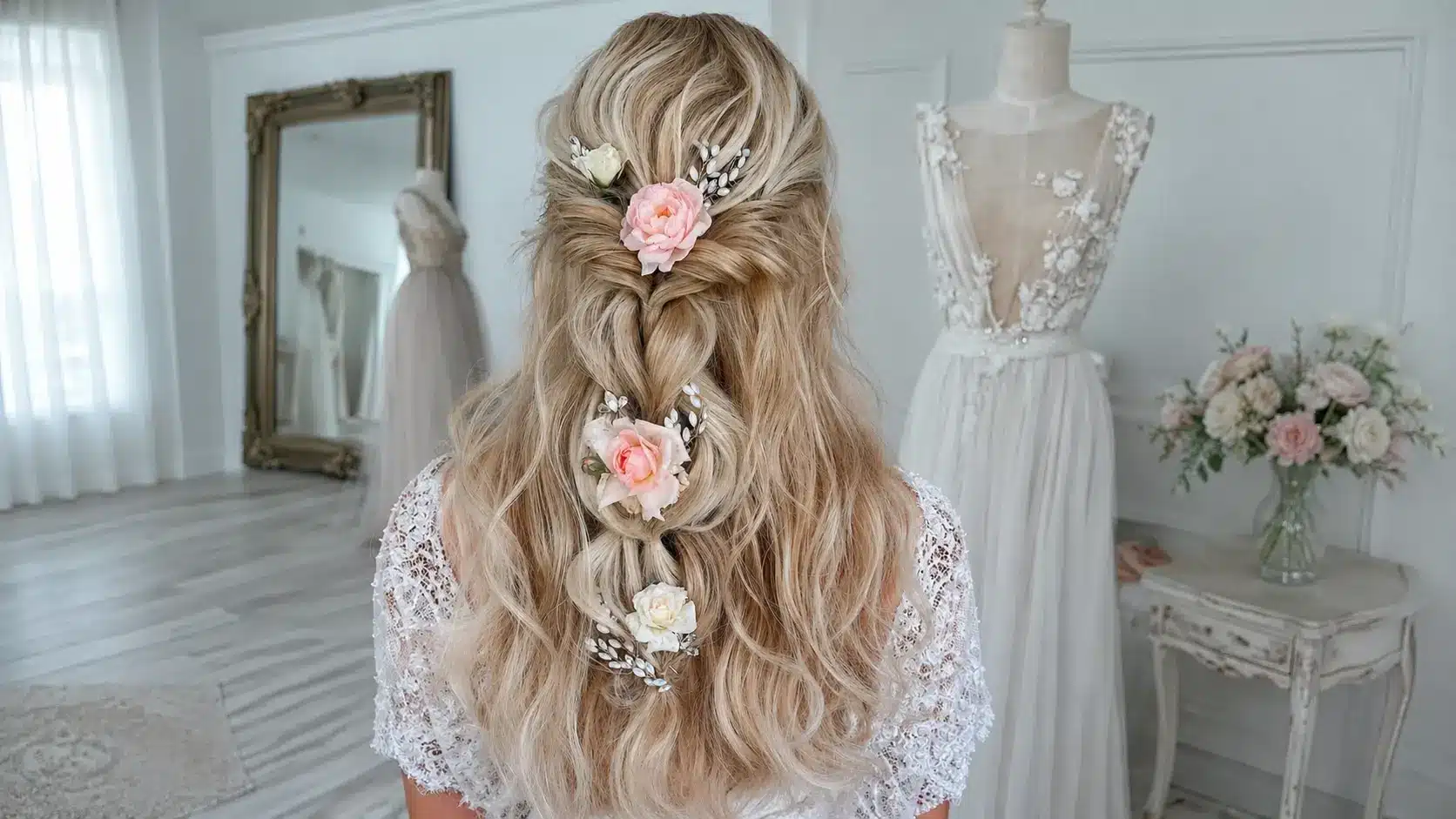 Back view of a bride with blonde half up half down wedding hair decorated with soft pink flowers and delicate pearl accents