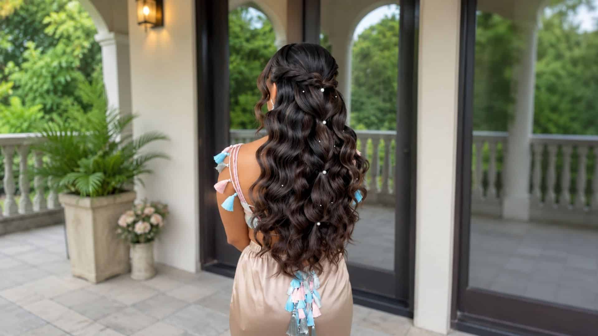 Back view of a bride with long dark mermaid waves styled half up half down with soft twists and scattered pearl accents