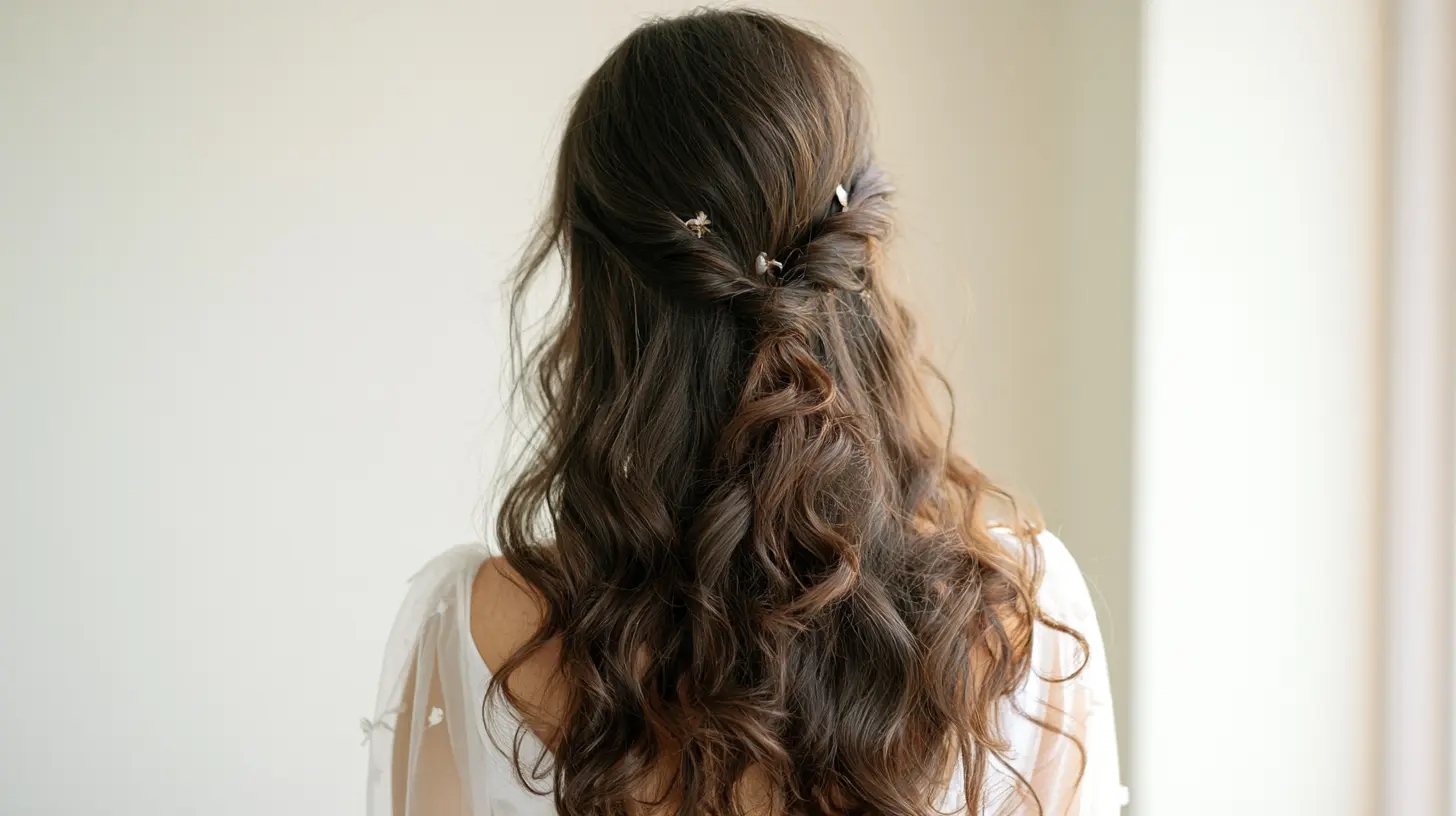 Back view of a bride with simple half up waves, a gentle twist, and one small understated clip in soft daylight