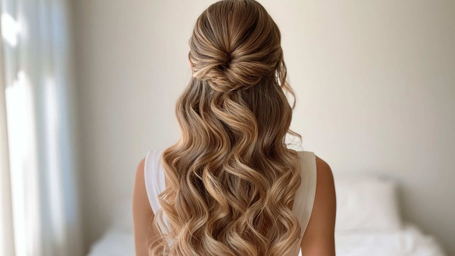 Back view of a bride with soft loose waves and a simply pinned half up section at the crown in natural daylight