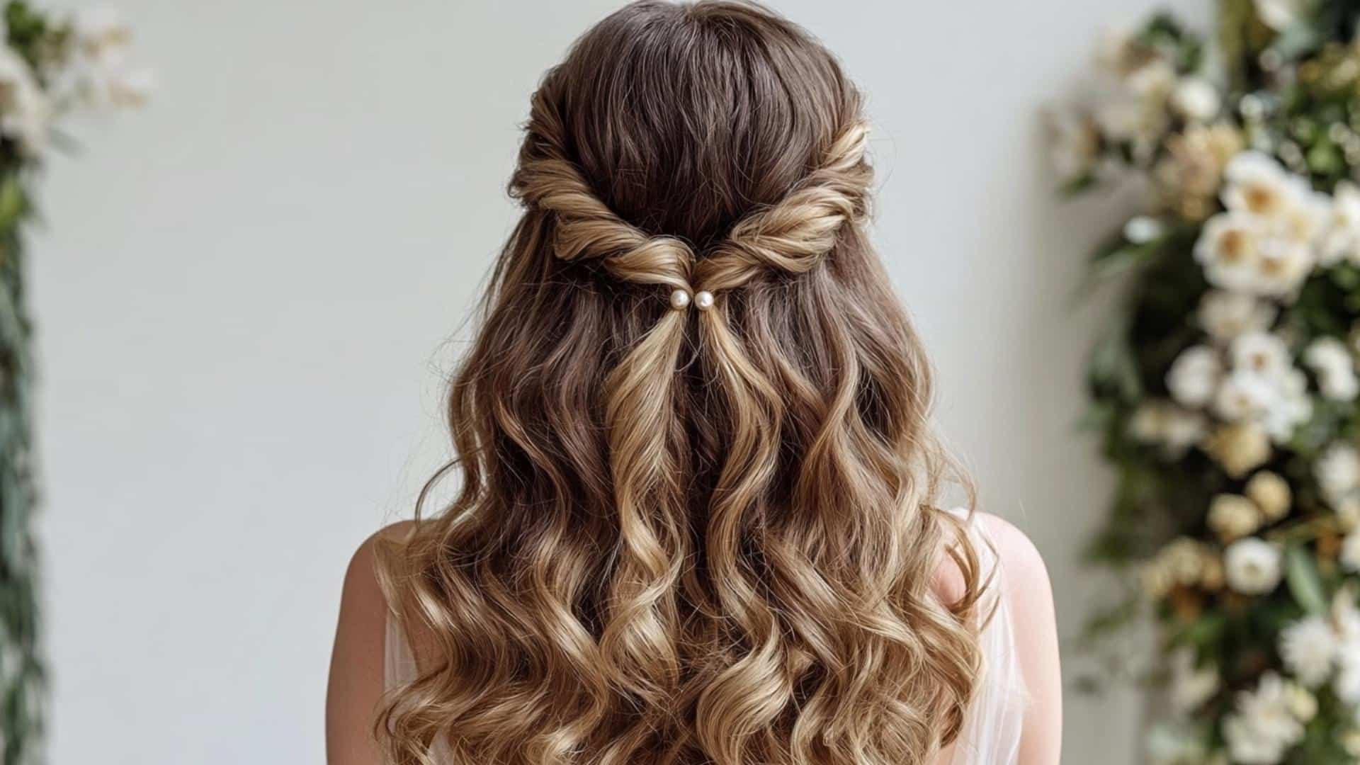 Back view of bridal hair with matching twists on both sides meeting neatly above loose curls in natural daylight