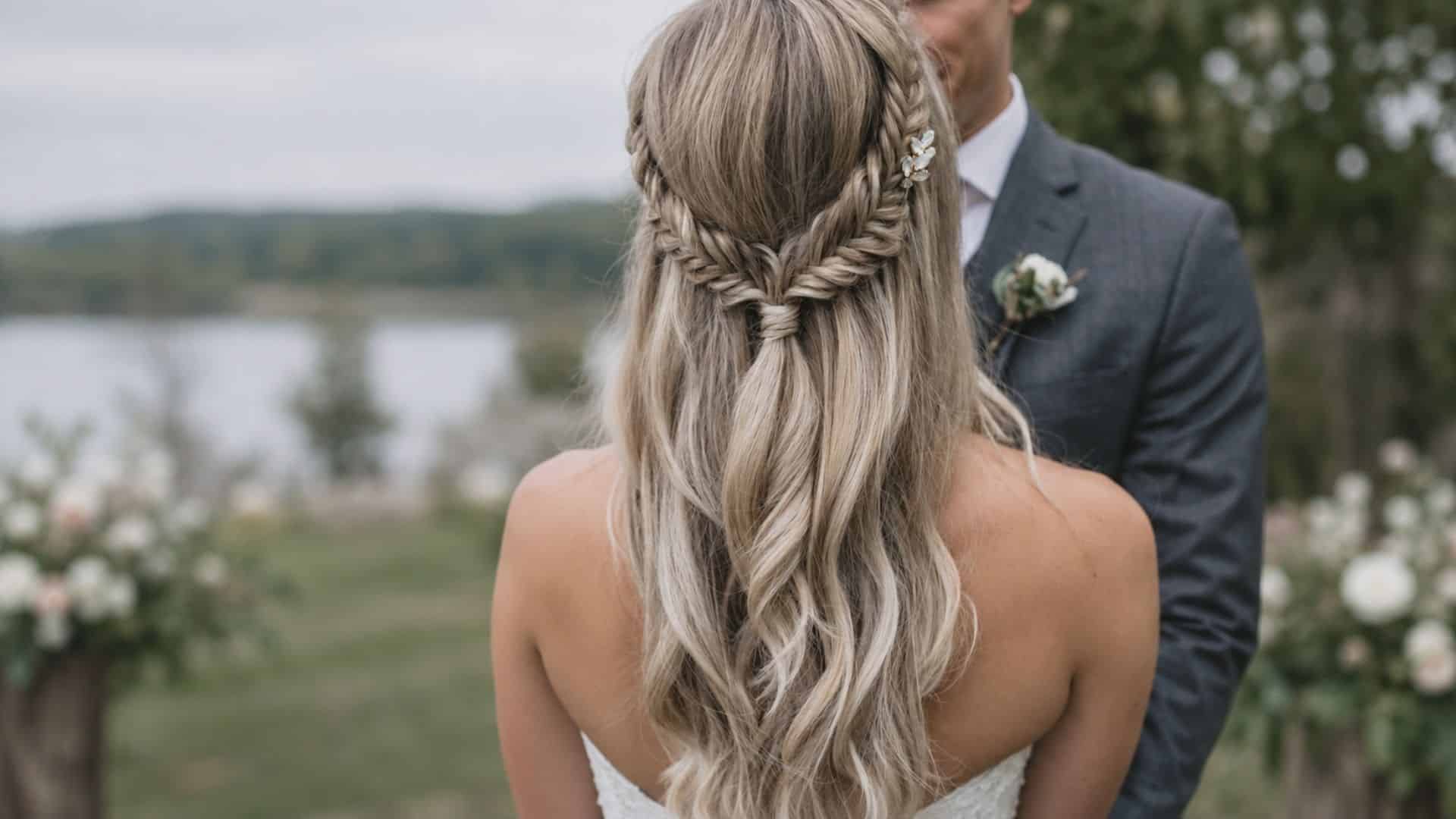 Back view of bride with half up half down fishtail braid, soft blonde waves, jeweled pin, and groom blurred behind her