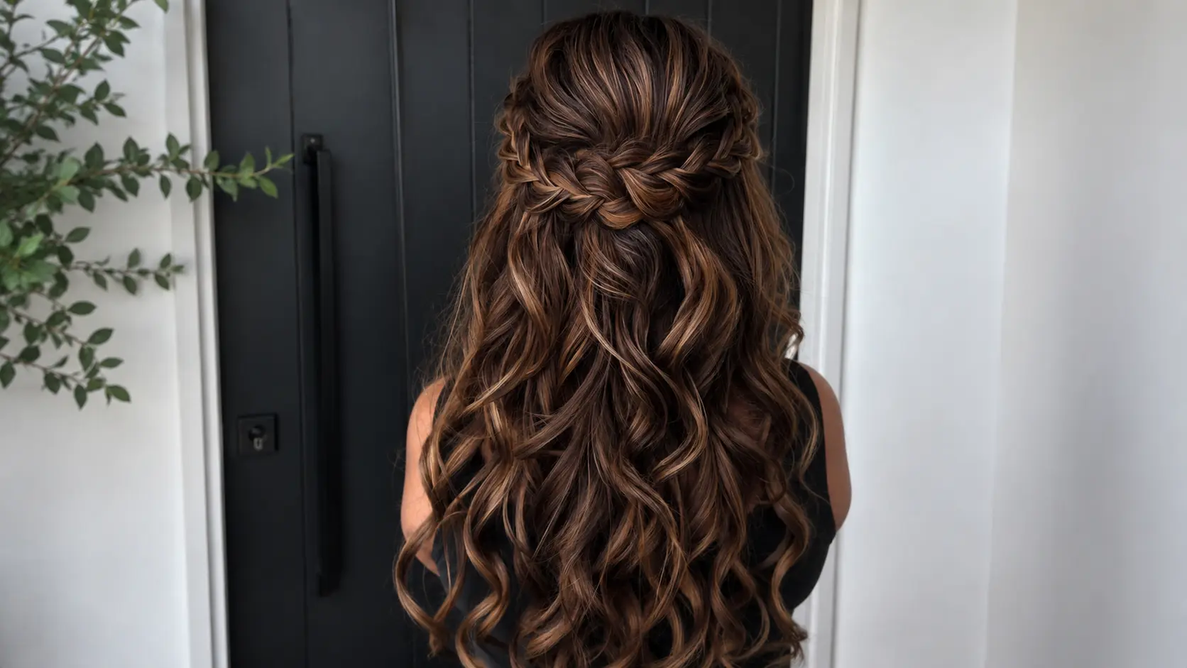 Back view of brown half up half down wedding hair with a single braid across the crown and loose curls flowing down